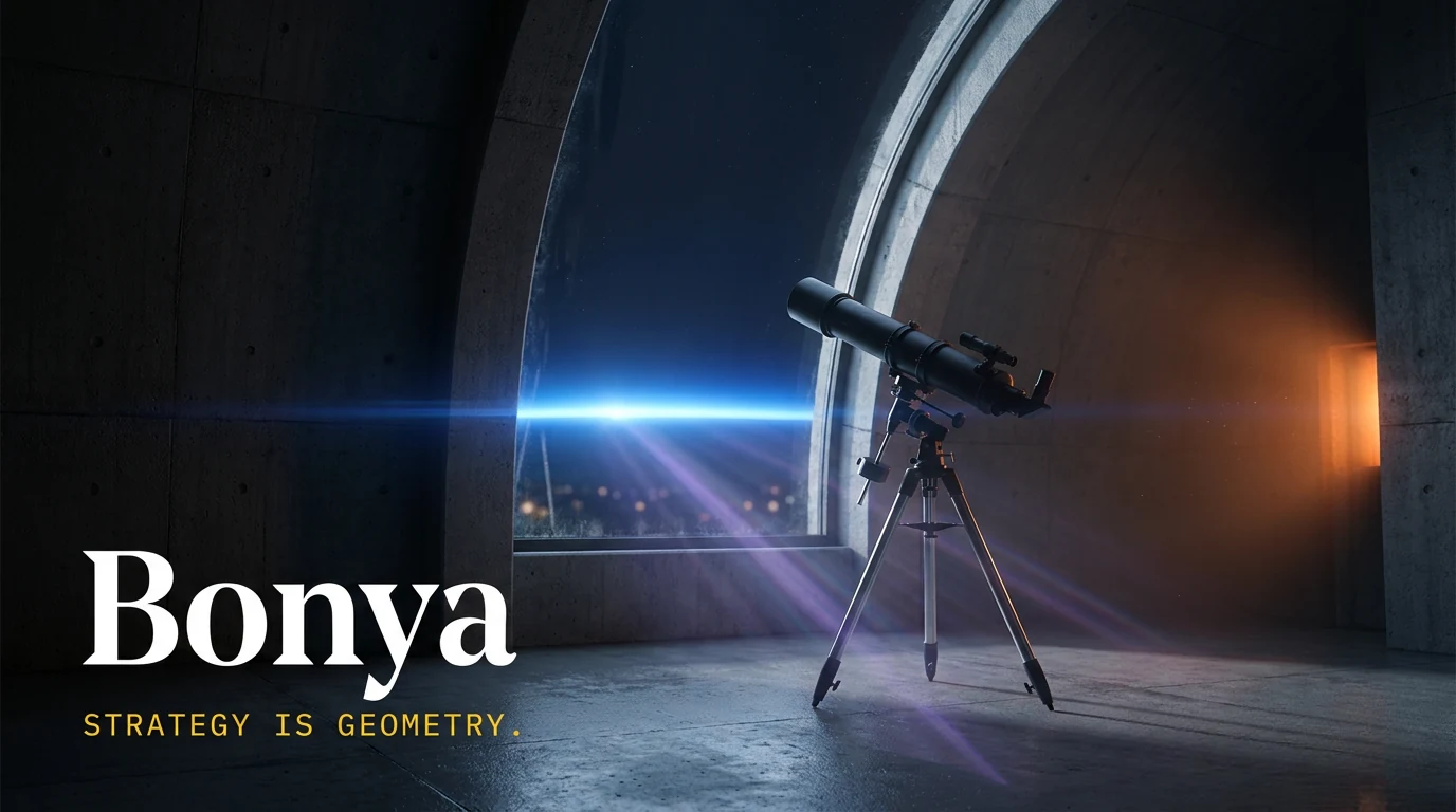 Bonya brand hero — brutalist concrete observatory at twilight with a matte-black telescope, electric-blue horizon glow through the arched window, and the Bonya wordmark in editorial sans-serif with 'STRATEGY IS GEOMETRY.' in mono yellow beneath.